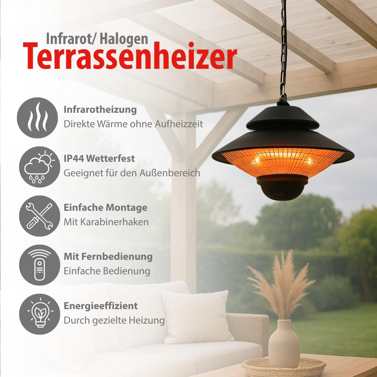 ALPINA GS-1500 Riscaldatore a infrarossi 1500W per uso interno ed esterno con telecomando certificato IP44, montaggio a soffitto, diametro: 42,5 x 12,5 cm, nero