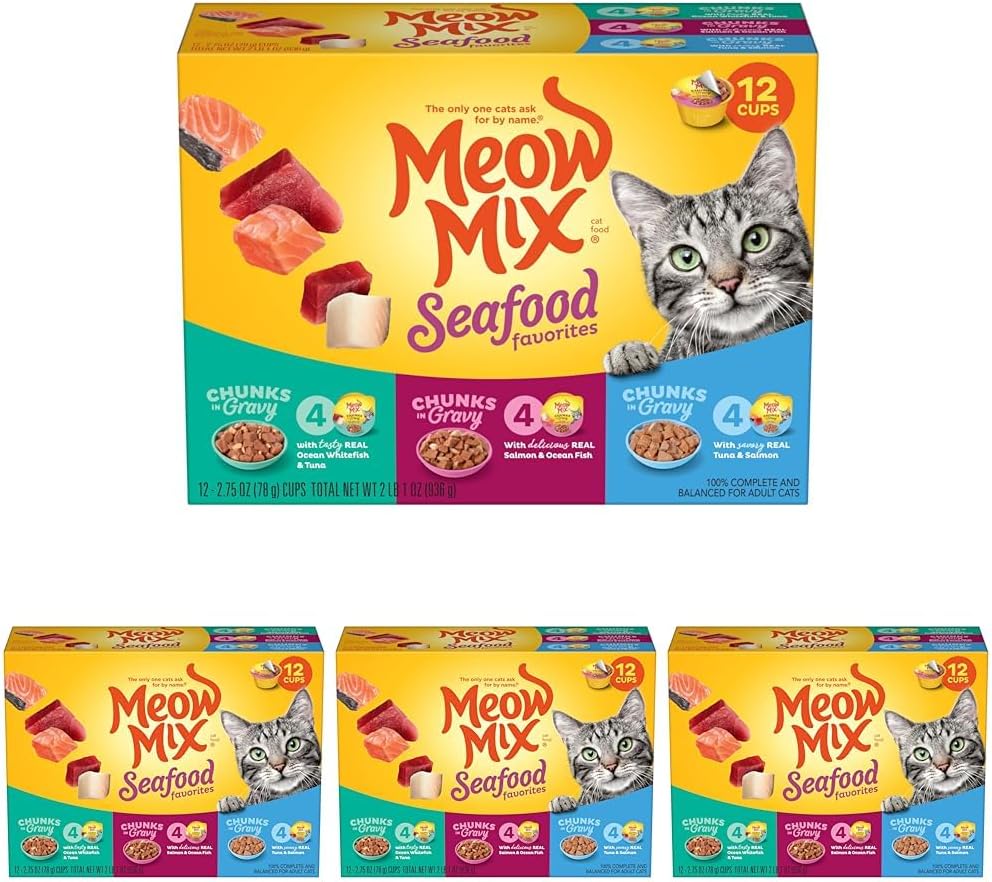 Meow Mix Seafood Favorites Chunks in Gravy Wet Cat Food Variety Pack, 2.75 Ounce (Pack of 48)