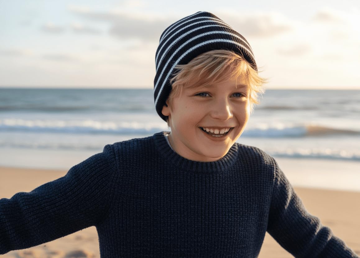 Bonnet Marin Enfant Style Breton, Rayures Bleues, Tricot en Laine, Elfenn