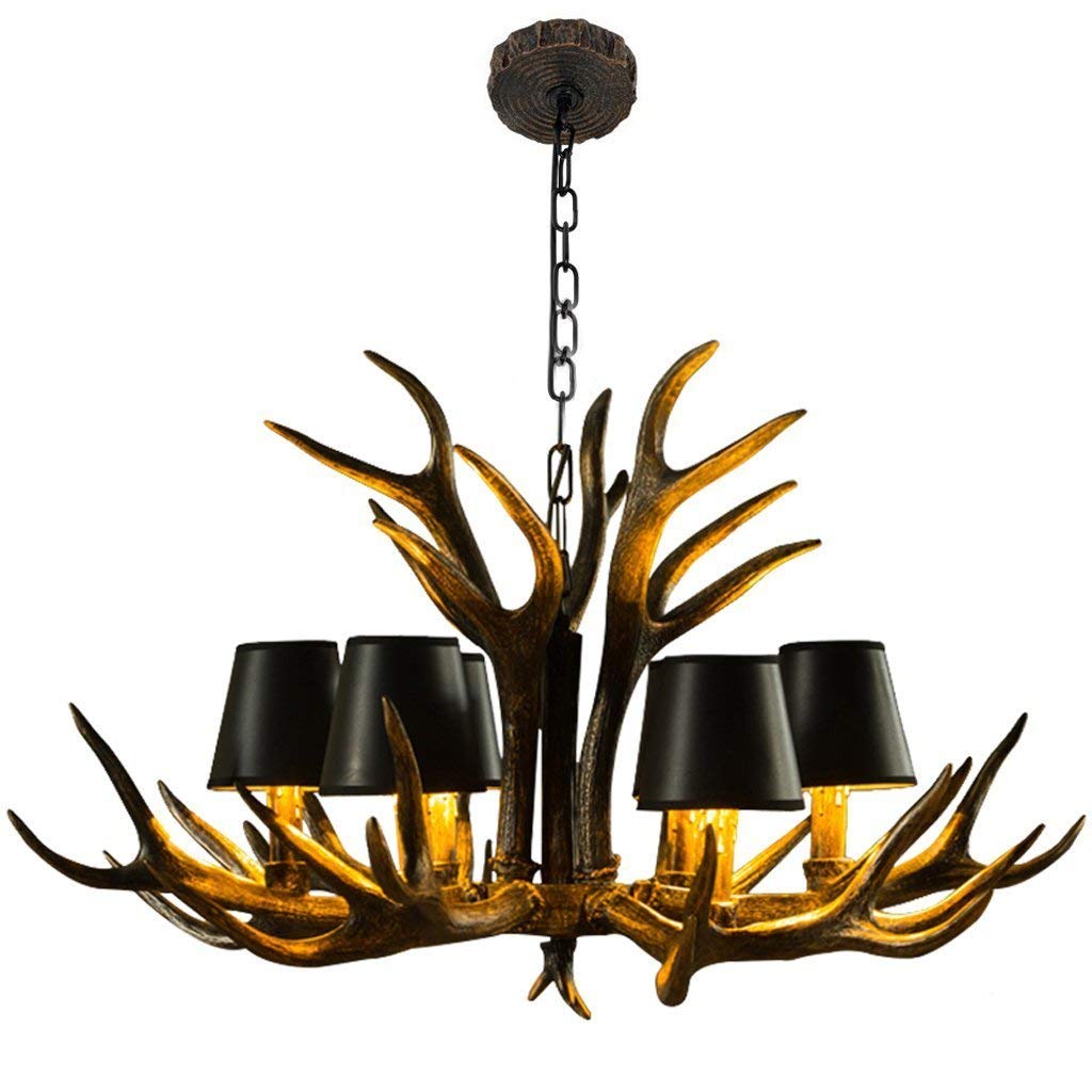 SYAXVOM Resin Chandelier Clothing Store Lighting Antlers Lamp Luxury Black Lampshade Living Room Antler (6 Heads)