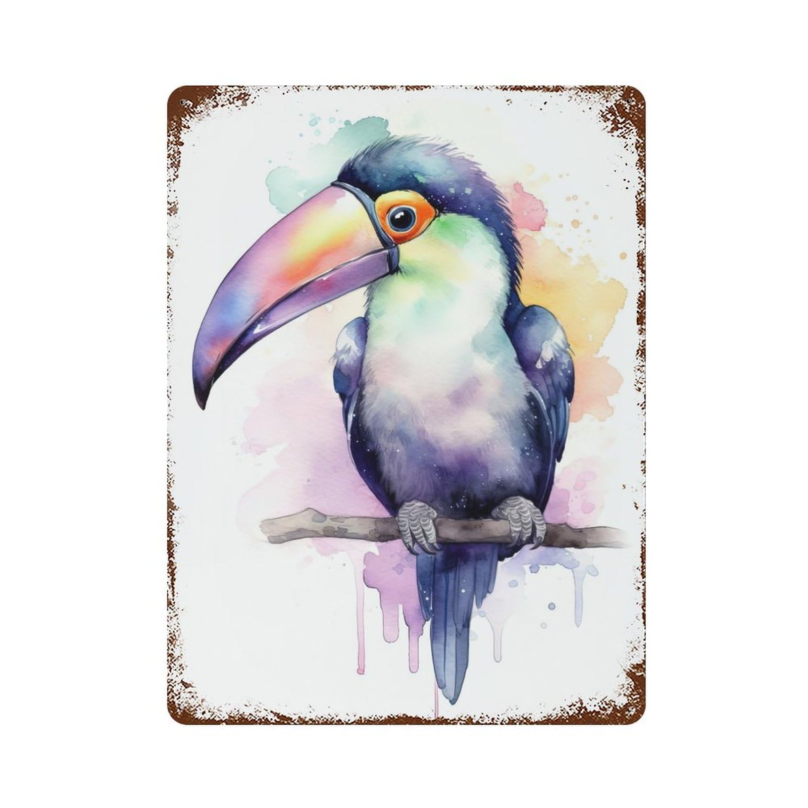 Garage Style Watercolor Baby Toucan Rust Effect Tin Sign 15.7"x11.8", Industrial Home Decor for Bar And Workshop