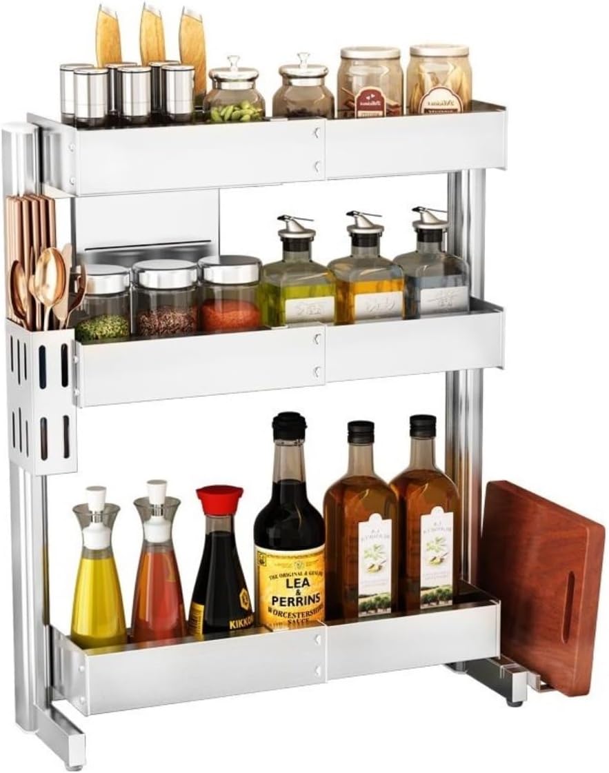 Spice Organizer Spice Rack Retractable Stainless Steel Spice Rack with Cutting Board Holder Chopstick Holder 3 Tier Countertop Spice Organizer Spice Shelf Spice Rack Orga