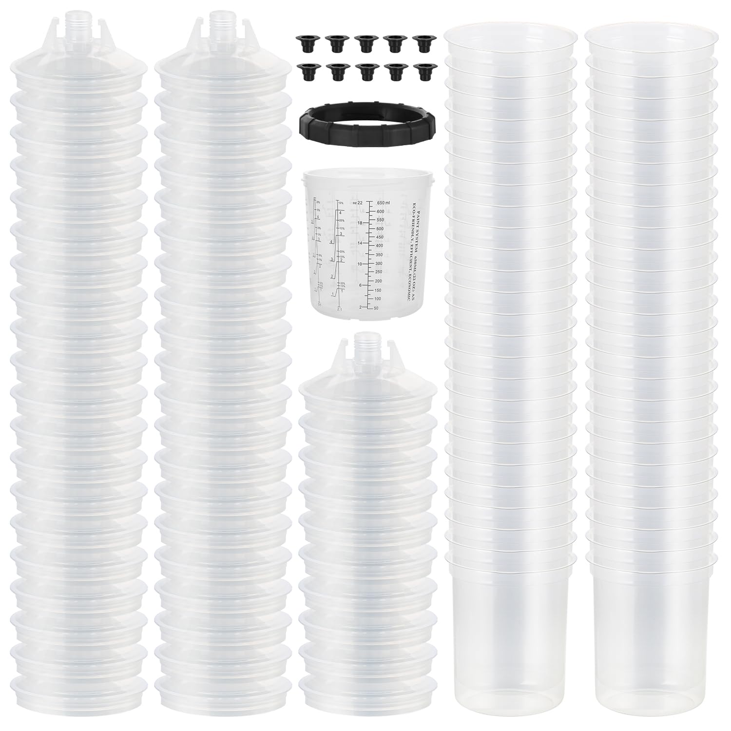 ROADGIVE Disposable Paint Spary Gun Cups(650 ML/22 OZ), Spray Paint Cup Kit with 50 Cup Liners, 50 Lids, 10 Sealing Plugs, 1 Retainer Ring, 1 Hard Cup