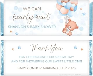 We Can Bearly Wait Baby Shower Personalized Candy Bar Wrappers - Set of 36 (Blue)