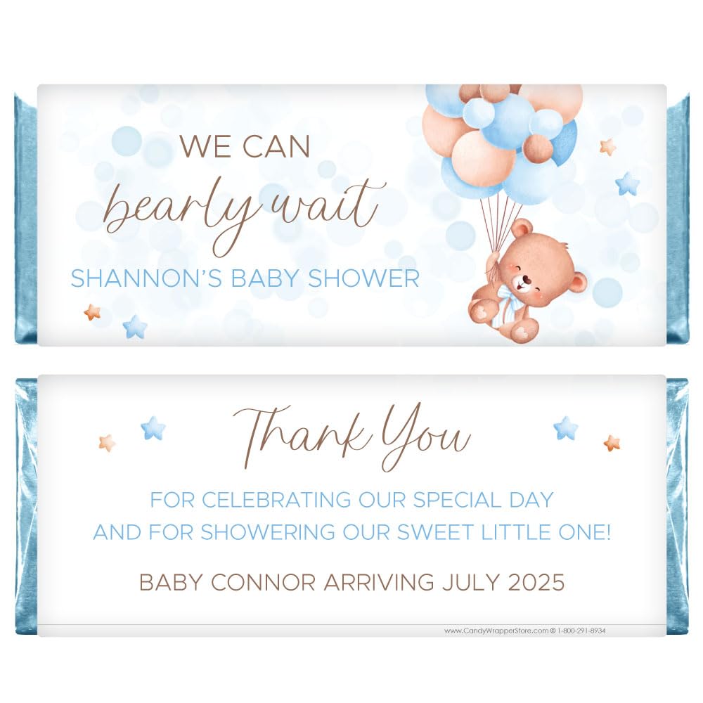 We Can Bearly Wait Baby Shower Personalized Candy Bar Wrappers - Set of 36 (Blue)