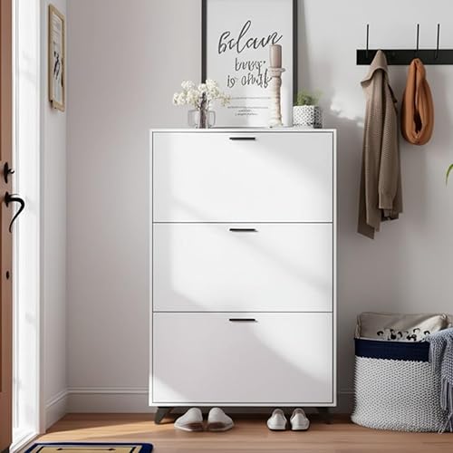 Miniatura 3 de Anystyle Armario de almacenamiento de zapatos blanco para zapatos grandes, organizador de puerta abatible ajustable de 3 niveles, gabinete de madera