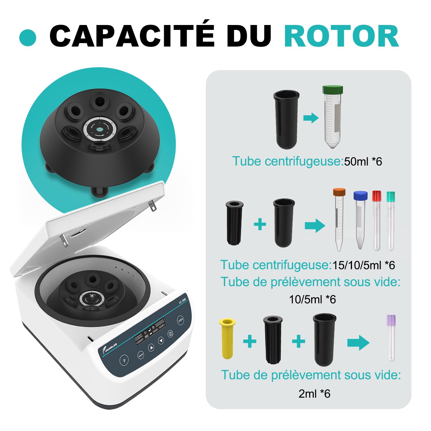 JOANLAB LC500-6 Centrifugeuse de Laboratoire, 500-4000RPM, 2146xg | 9 programmes, écran digital, tubes 2/5/10/15/50ml, arrêt déséquilibre, verrou couvercle, séparation plasma PRP