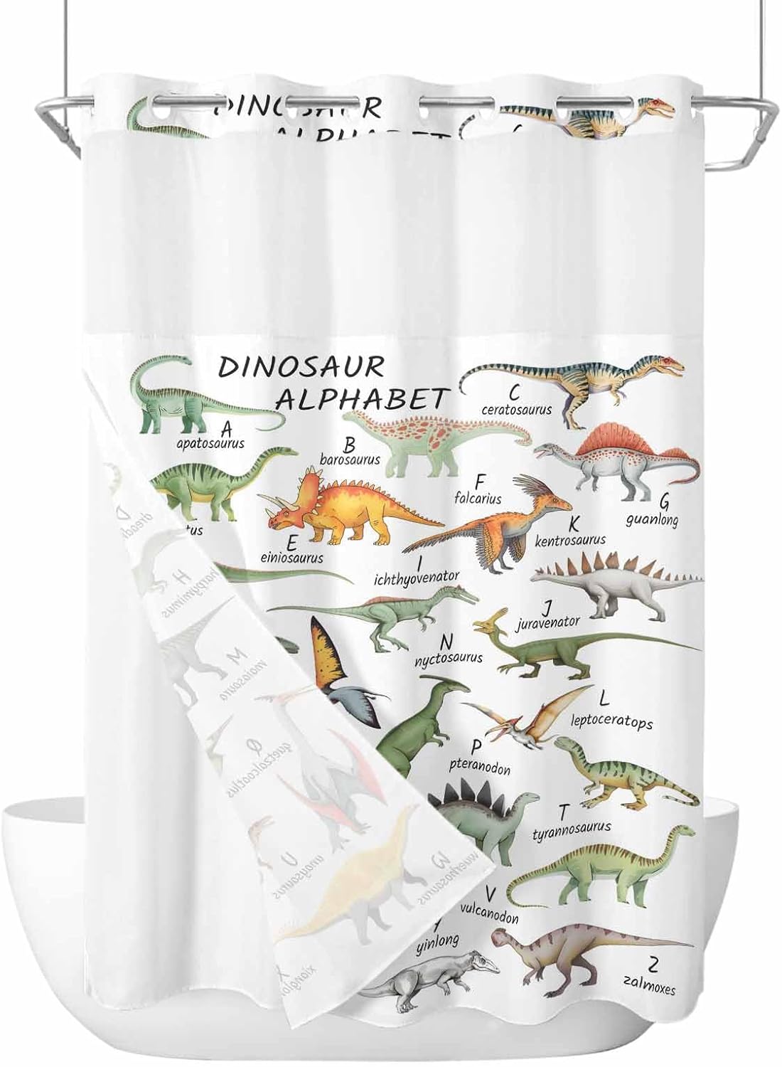 Dinosaur No Hook Shower Curtain with Snap in Liner Waterproof Fabric Shower Curtain Set for Bathroom Funny Dino Cute Cartoon Boys Girls Children Shower Curtain with See Through Top Window 72"x84"
