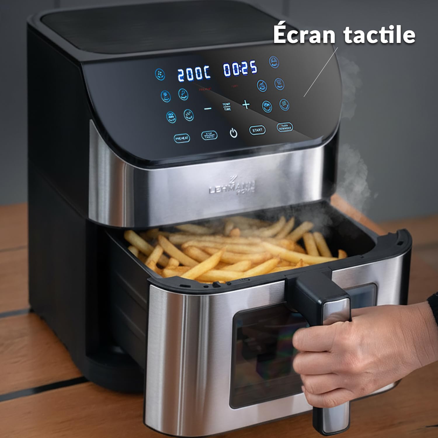 LEHMANN Air Fryer 8L avec Compartiment Flexible Dual Zone, Fenêtre, 12 programmes, Réglage Température 76-200°C, Écran Tactile LED, Revêtement Antiadhésif, 90% de Matières Grasses en Moins