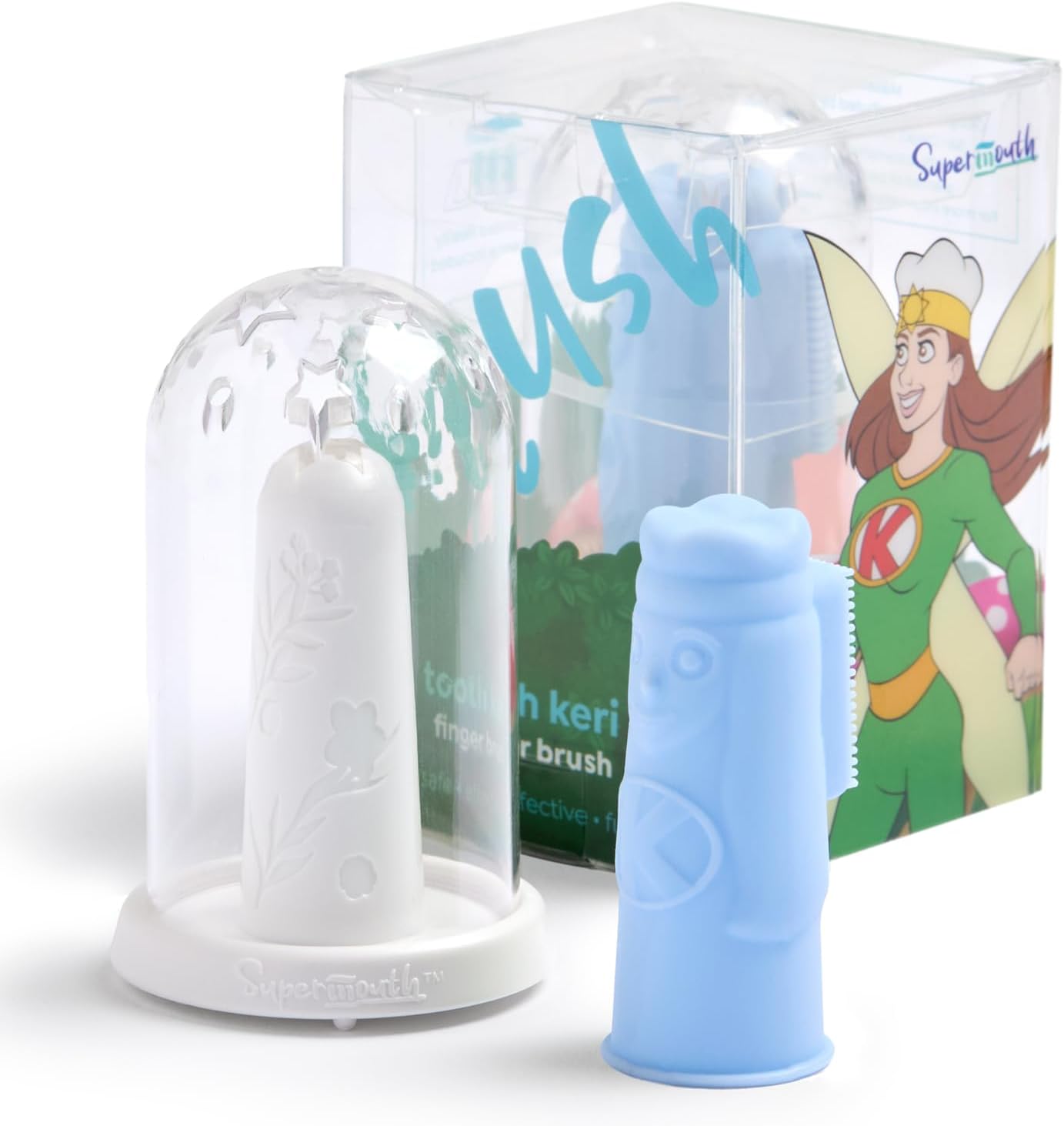 SuperMouth® Bristles Baby Finger Brush – Soft Silicone Bristles, Bite Block Protects Fingers, Flashlight for Easy Cleaning, Egg Storage Base, Augmented Reality App, Infant & Toddler Oral Care