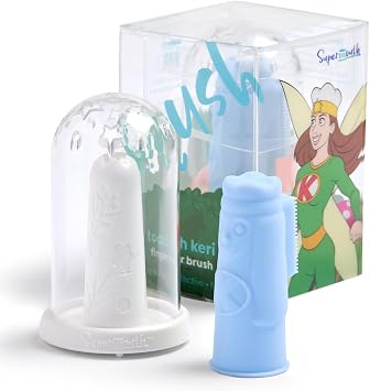 SuperMouth Tooth Keri Baby Finger Brush 1-Pack Soft Silicone Bristles, Built-in Bite Block Protects Fingers, Light-Up Wand for Easy Cleaning, Augmented Reality App, Teething to 2 Years, 4 Colors