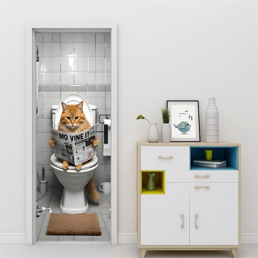 Türtapete Selbstklebend 77x200 Fenster Türfolie Türposter Schelmisch Katze Türklebefolie Wandbild Türaufkleber Wandtapete 3D Effekt für Wohnzimmer Schlafzimmer Küche