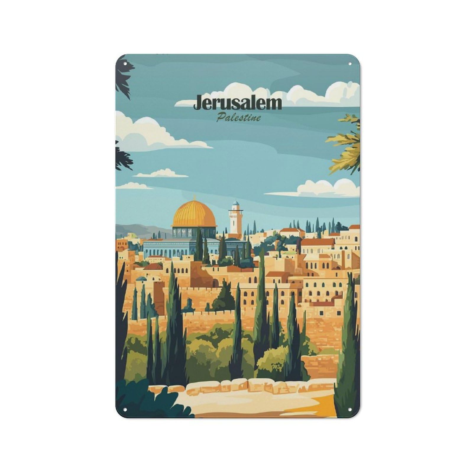 Jerusalem Cityscape Cottage Style Metal Wall Decor 30x20cm, Tin Wall Plaque for Kitchen, Cottage, Porch Or Garden Room