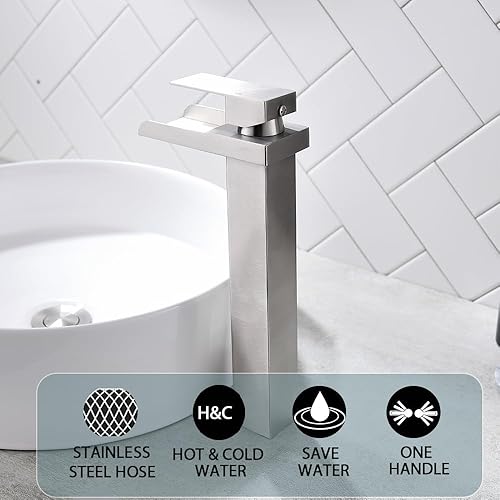 Miniatura 3 de BF010L - Grifo de lavabo de baño, grifo de baño de níquel cepillado, grifo de fregadero alto de recipiente alto, grifo de caída de agua de un solo