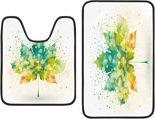 Pardick 2 Pieces Bath Mat Set, Graffiti Maple Leaves U-Shaped Bath Mat Toilet Rug Bathroom Mat Set with Bath Rug Mat, Watercolor Leaves Mat for