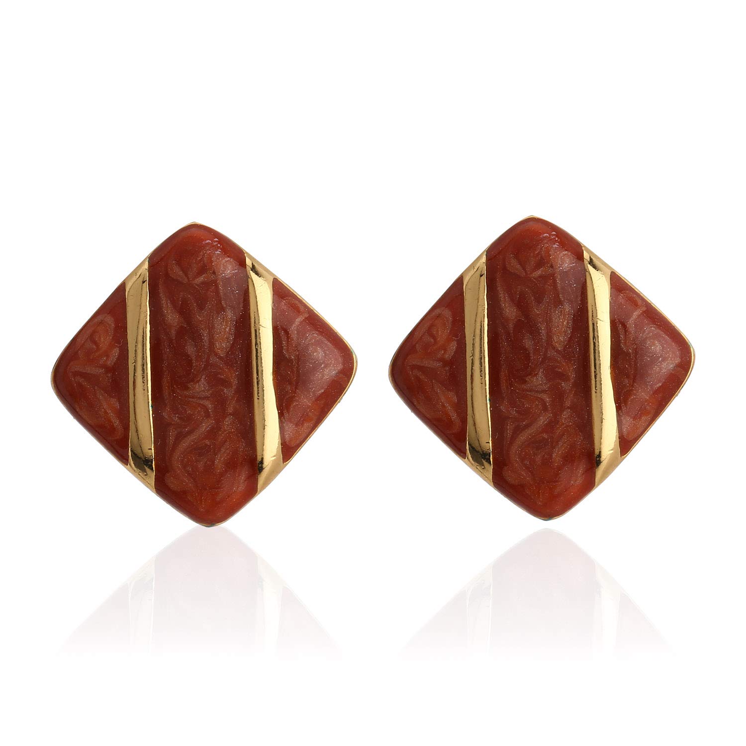 Estele24Kt Gold Plated Diamond Shaped Stud Earrings With Red Colour Enamel For Girls and Women