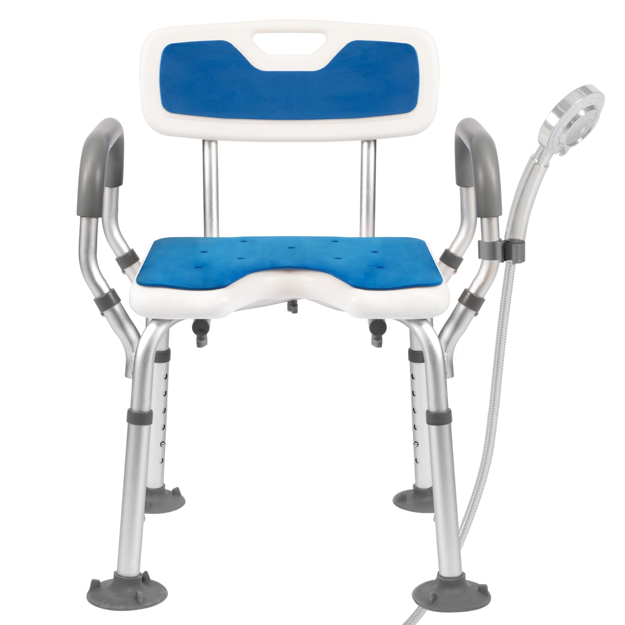 Extra breiter Duschstuhl mit Armlehnen und Rückenlehne, 53 cm Sitz, robuster Duschsitz für Innendusche, inklusive Saugnapf und rutschfesten Füßen, 150 kg Kapazität, Badstuhl mit kältefesten Pads