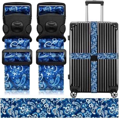 Image of Luggage Straps for Suitcases, Travel Adjustable Belt with Quick Release Buckle, Heavy Duty Nylon Bag Packing Strap, Unique Bright Identifiers Business Travel Accessories (2 Pack) - Blue Pattern