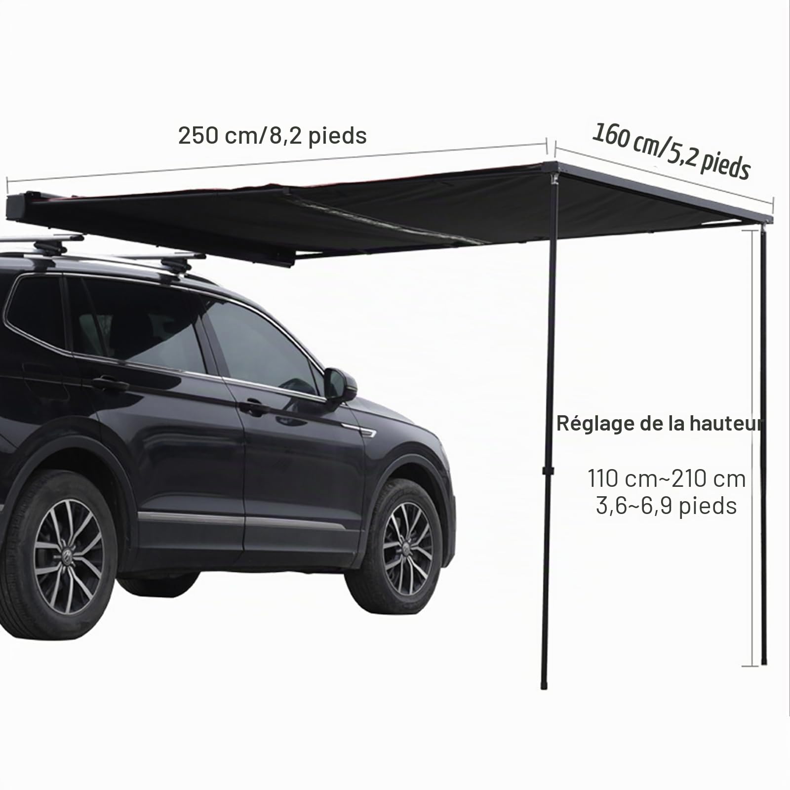 Auvent de Voiture Latéral Rétractable Extérieur pour Voiture, Auvent Extractible Anti-déchirure pour Camping Terrestre, PU5000 mm, pour SUV/Camion/Van (Size : 160x250cm/5.2x8.2ft)