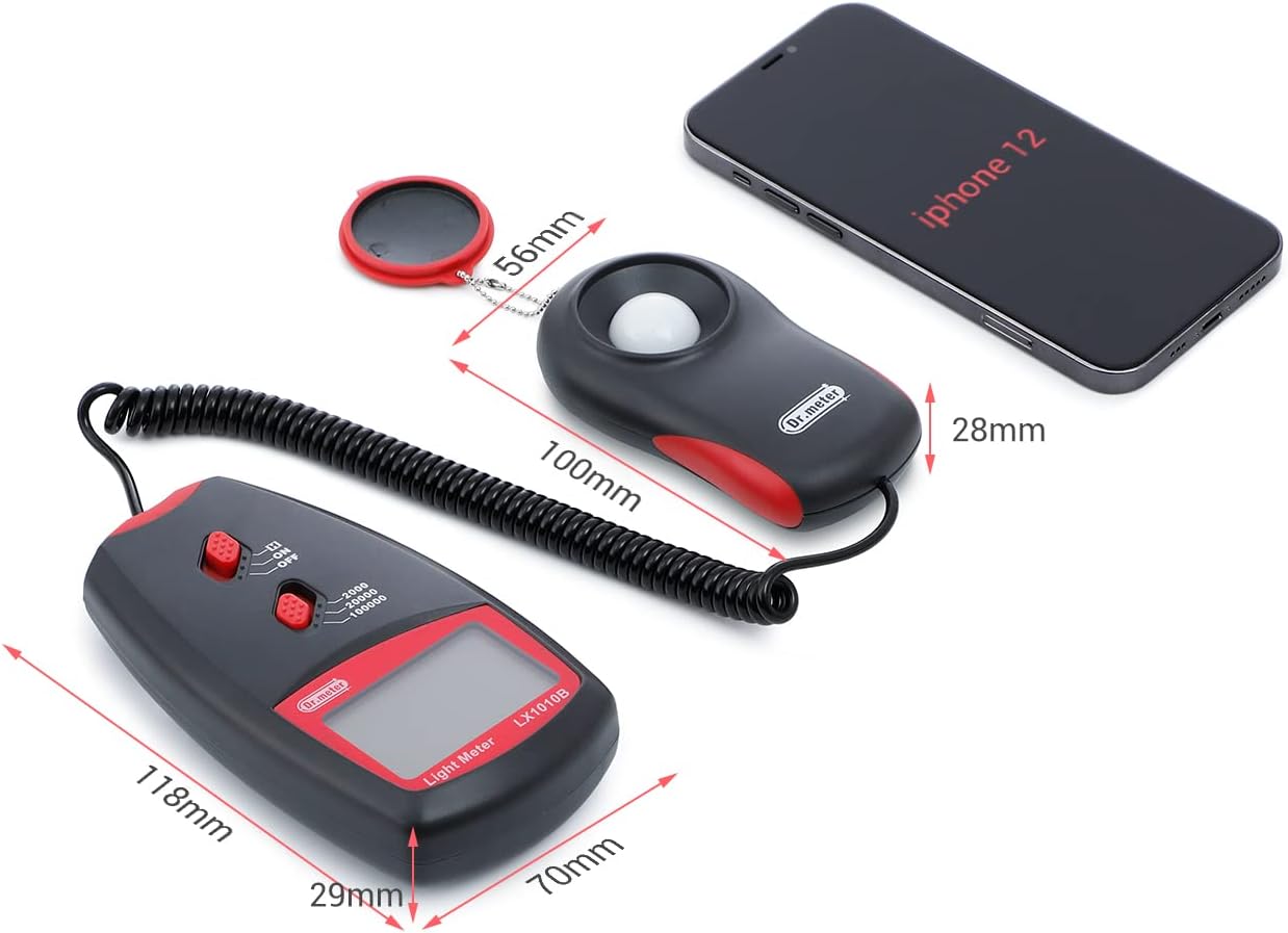 Dimensions of the Dr.meter LX1010B Digital Illuminance/Light Meter.