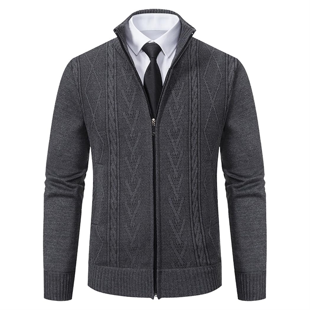 Wekumgy Men's Full Zip Cardigan Sweater Knitted Slim Fit Zip Up Sweaters Long Sleeve Sweaters with Pockets Dark Grey