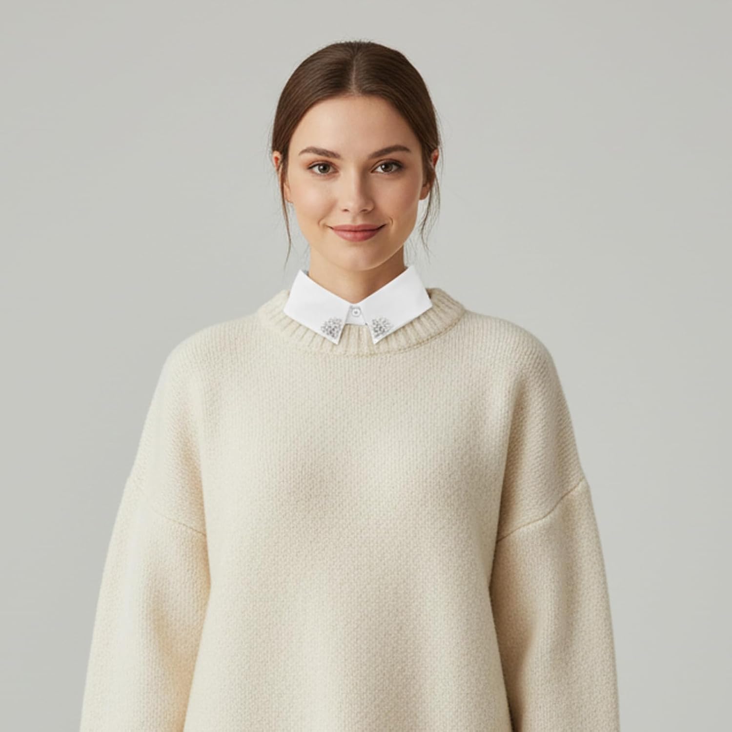 Faux Diamond and Pearl Fake Collar Shirts, Rhinestone False Detachable Dickey Half Collar Blouse Shirt for Women White - Image 3