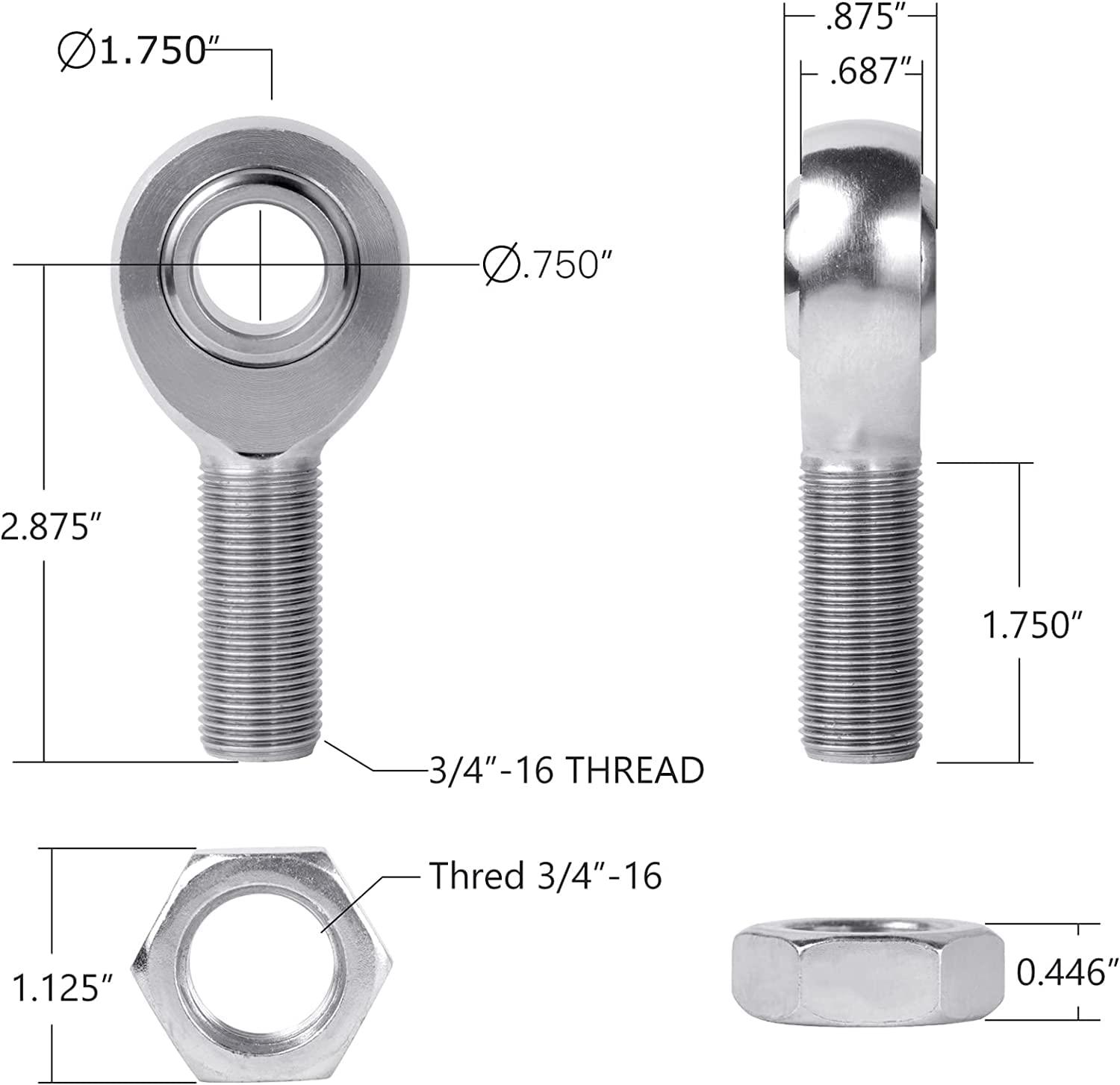 Heim Joint Rod Ends 8-Piece CFR-4 RH 1/4-28 Thread WITH Jam Nuts Linkage Suspension Spherical Bearings