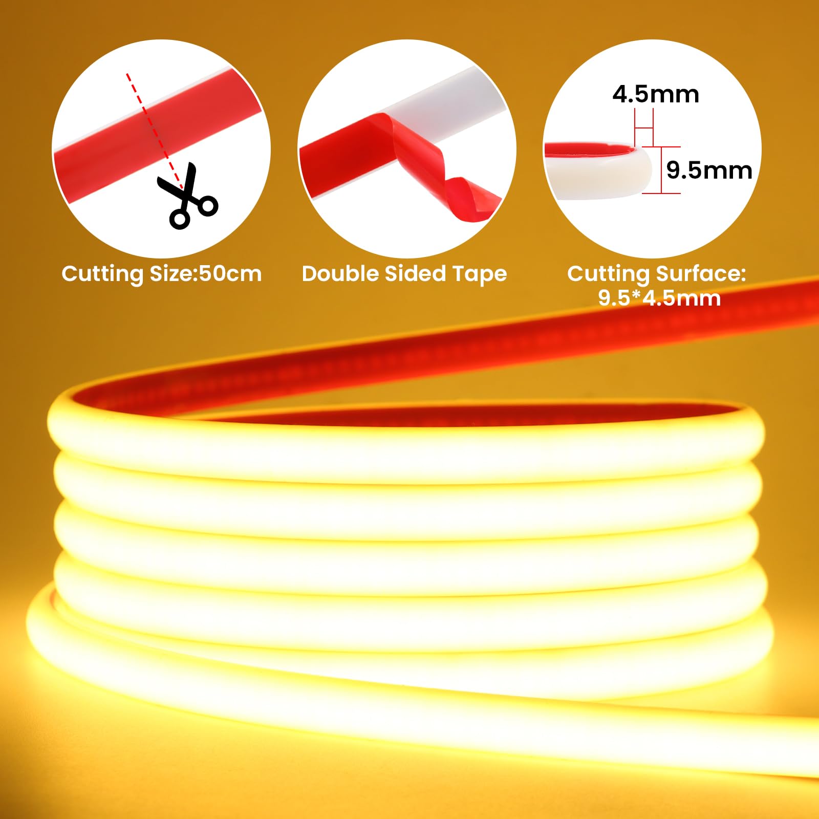 KISUFU Tira LED COB 220V, IP67 Impermeable 288 Leds/m Adhesivo doble cara Flexible 50CM Cuttable LED Tira de Neon lights para Dormitorio, Jardín, Techo, Decoración Exterior.
