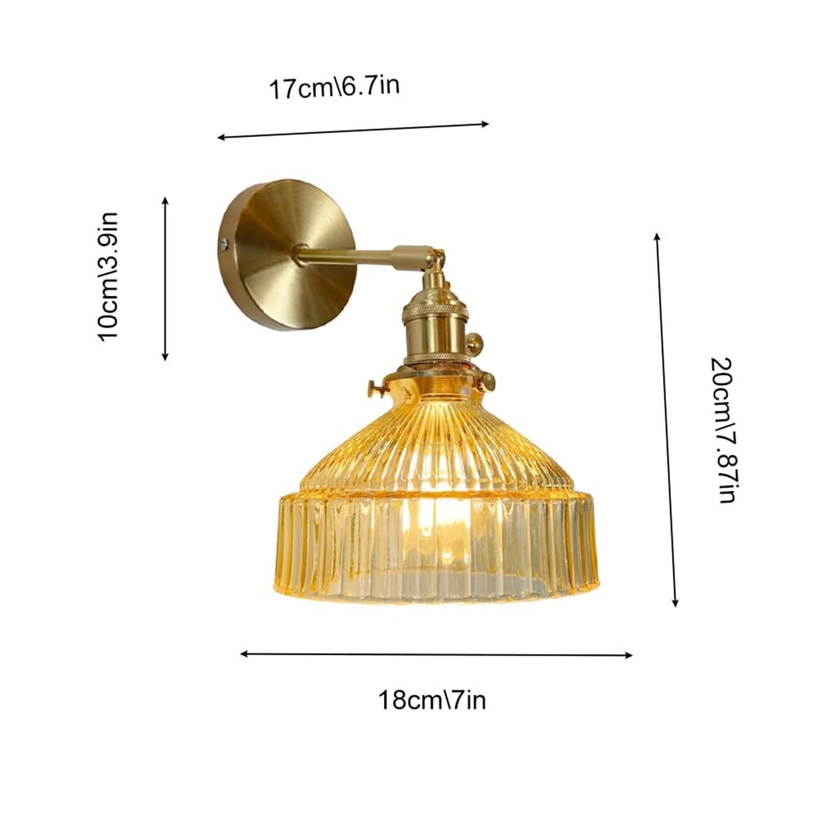 Applique da Parete Vintage a 1 Luce con Paralume in Vetro a Strisce, Lampada da Parete in Ottone Regolabile a 180 Gradi, Lampada da Parete per Interni cablata con Interruttore per Comodino, camer