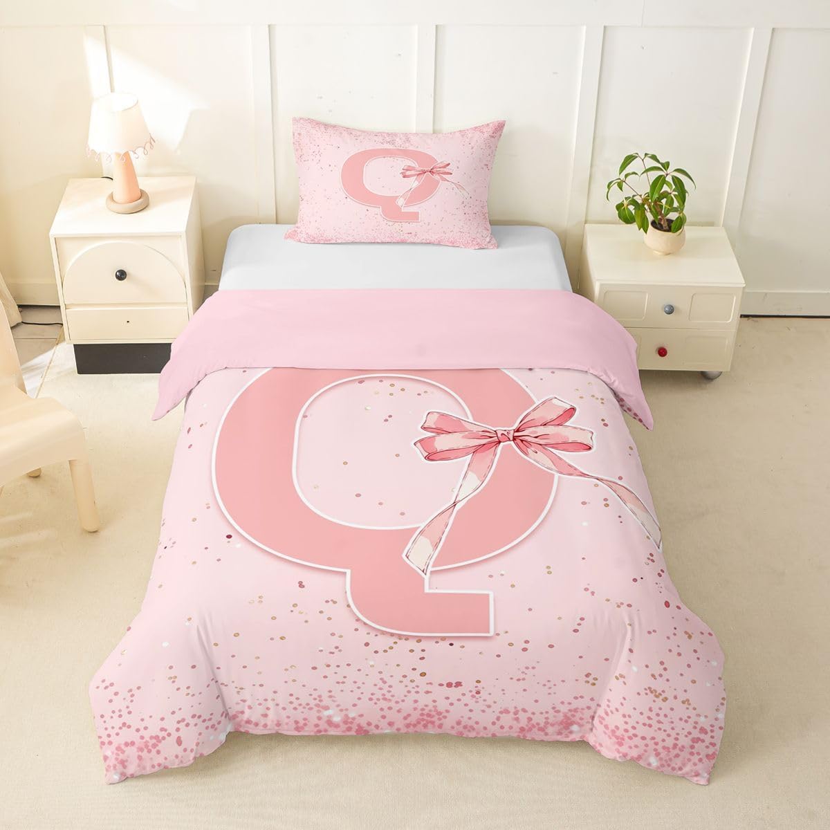 jejeloiu Cute Bow Duvet Cover Toddler Size Initial Letter Comforter Cover for Boys Girls Dreamy Princess Bedding Set 2Pcs Room Decor