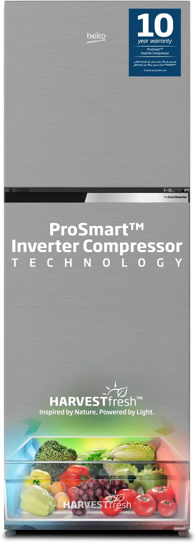 Beko Refrigerator 250 Liters Gross(230 Net) capacity, Top Mount Double Door, NeoFrost Dual Cooling, low noise, Harvest fresh, 10 yrs Warranty on ProSmart Inverter Compressor, RDNT300XS, Silver