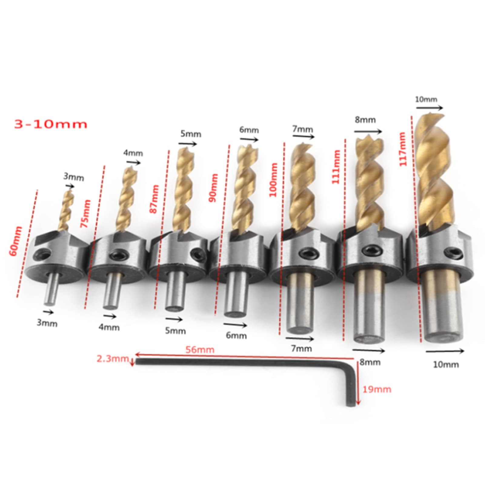 Bohrer mit Senker, Titanbeschichtete Senkkopfbohrer Holzbearbeitung Bohrlochsatz HSS Kernbohrer zum Fräsen der Holzbearbeitung mit Fasen Senkkopf(-10 mm (3/4/5/6/7/8 / 10mm))