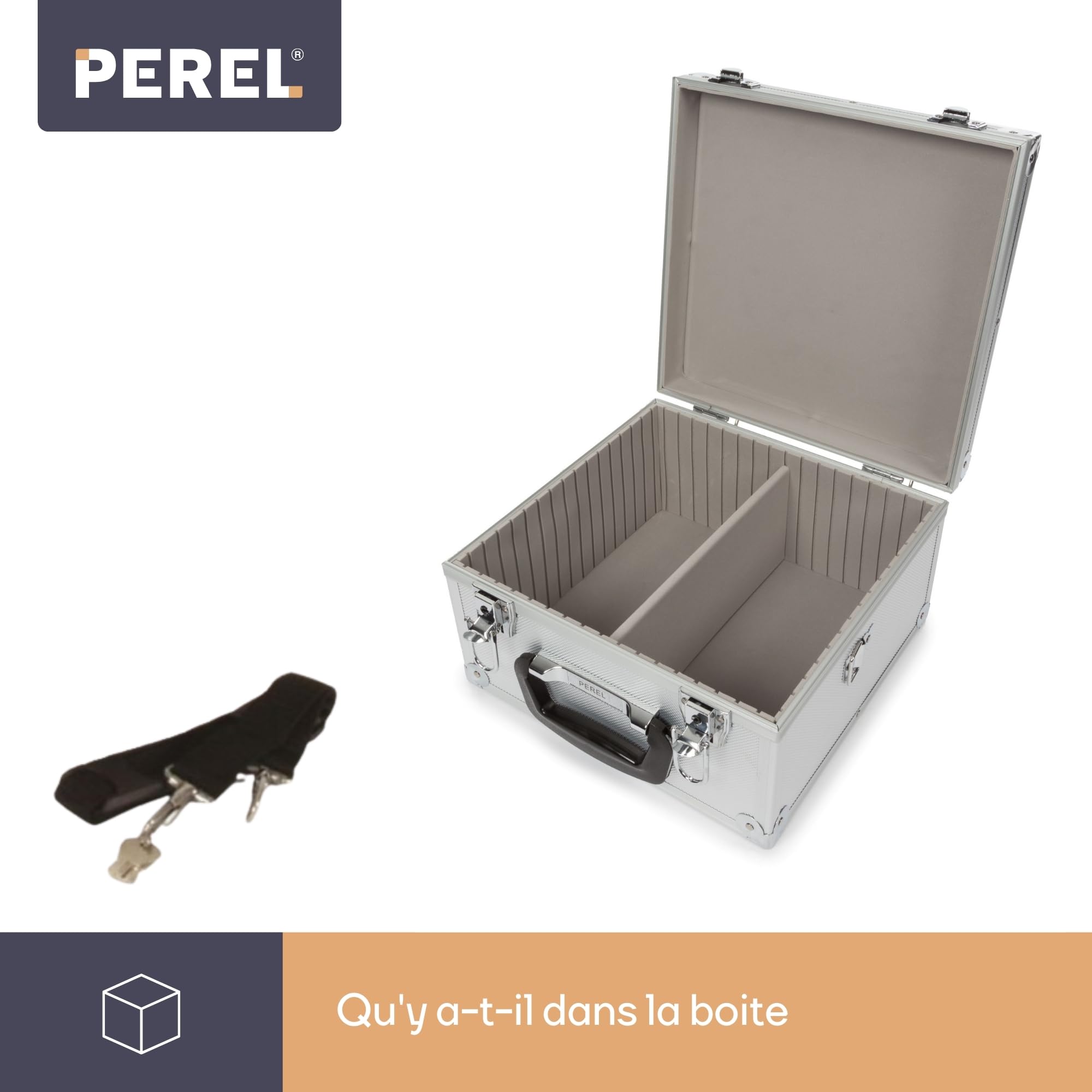 Perel Coffret pour 40 CD, verrouillage à clé, 2 clés, aluminium, 280 x 268 x 160 mm