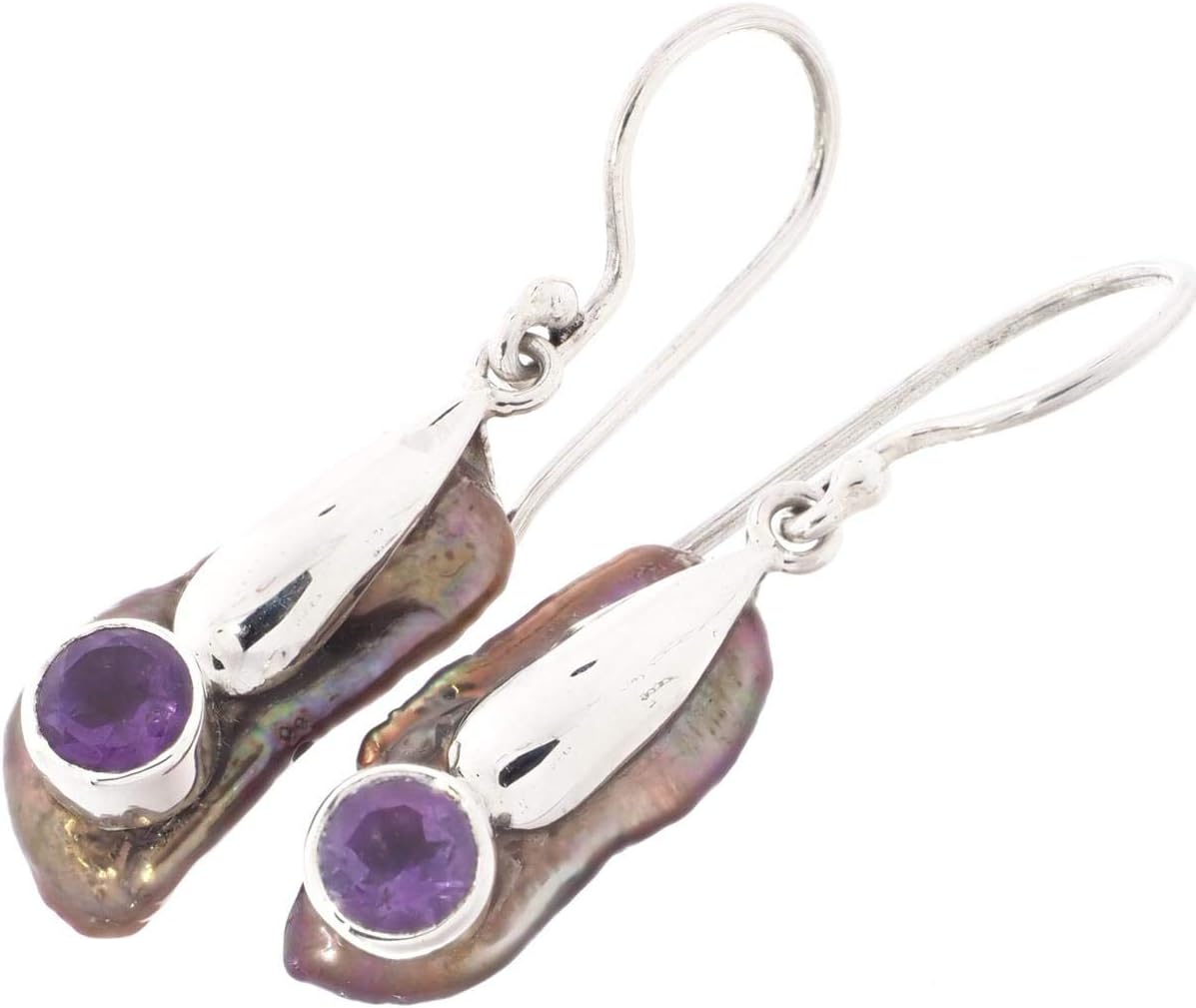 Freshwater Stick Cultured Pearl Amethyst 925 Silver Fish-hook Dangle Earrings, 1"