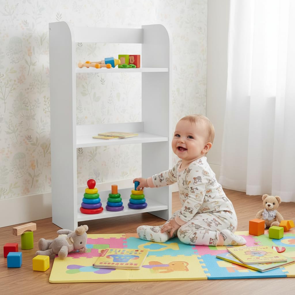 Leomark scaffale per cameretta bambini 50cm x 25cm x 102,5cm (LxPxA), mobile porta giocattoli, libreria armadio pannelli stile scandina, mobili in legno colore BIANCO