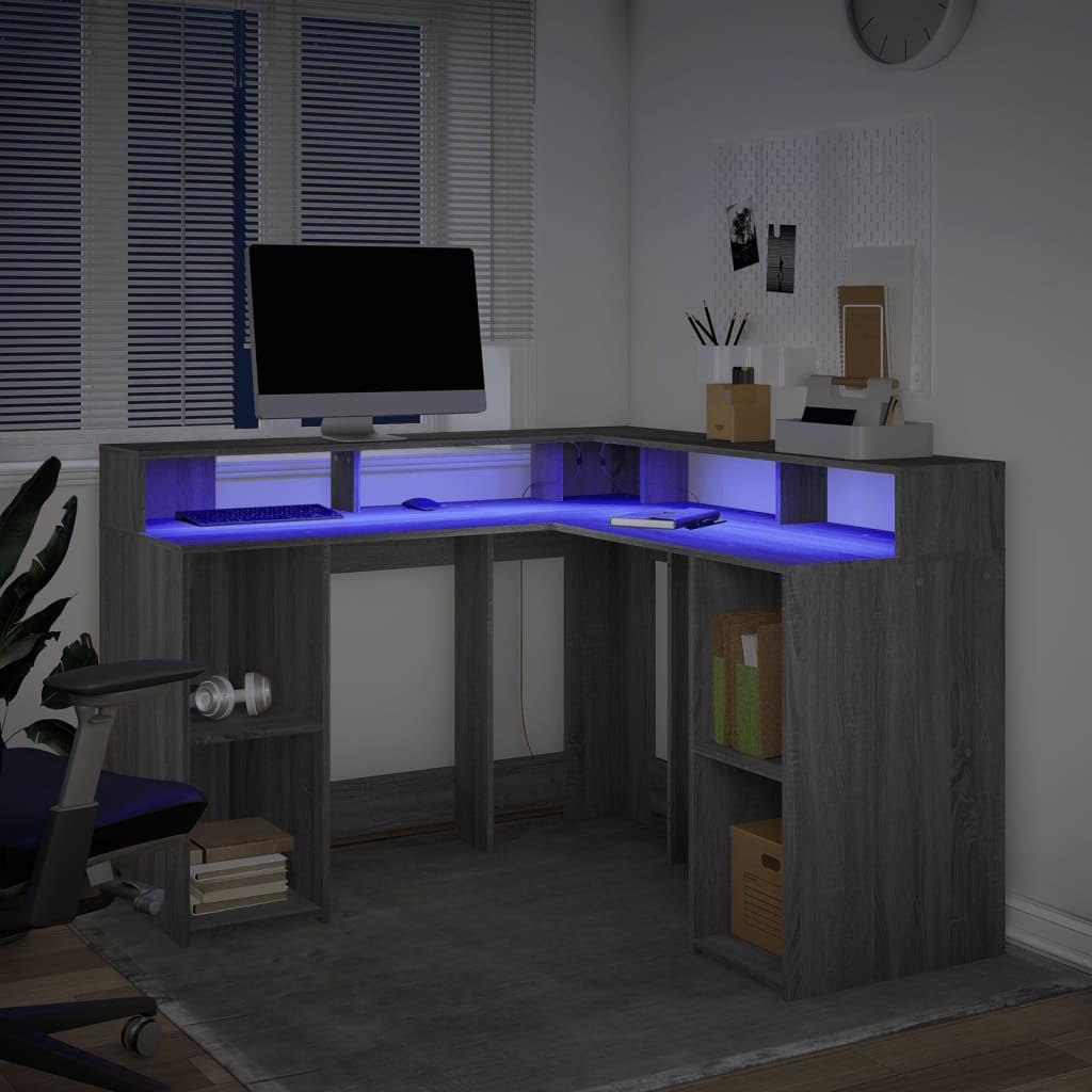 Homgoday Biurko z diodami LED Sonoma szare, 130 x 130 x 91 cm, z płyty wiórowej, meble biurkowe, biurko, biurko komputerowe, biurko, biurko do gier, do pokoju dziecięcego