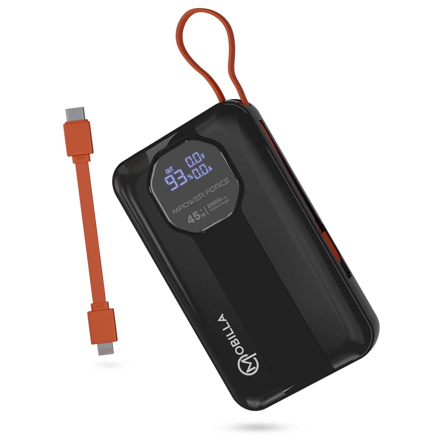 MPower Force Laptop Powerbank | 45W Fast Charging | 20000mAh Battery Capacity | Built-in Type-C & Detachable Lightning Cables | Charges 3 Devices at Once (Black)