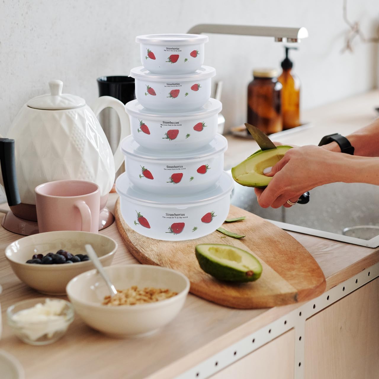 Unomor 5Pcs Enamel Mixing Bowls with Airtight Lids Strawberry Patterned Food Storage Containers for Leftovers Nesting Soup Bowls for Kitchen Camping