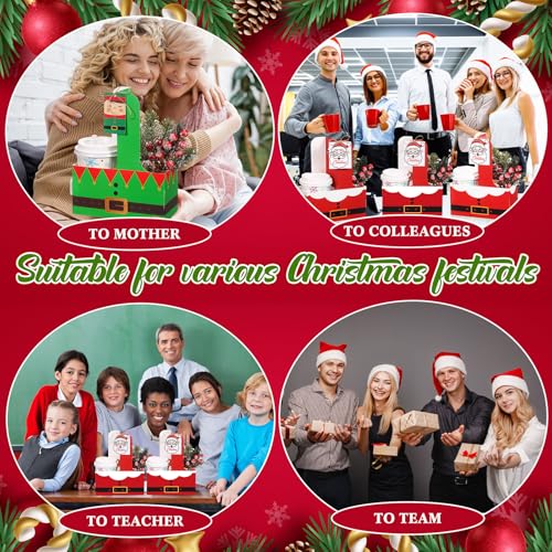 ForraFun 24 Sets Christmas Drink Carrier with Handle Disposable Kraft Paperboard Coffee Cup Holder with Tags Portable Foldable Tray to Go Cup Holder for Xmas Holiday Party Favor (Santa Claus) by ForraFun - Image 6