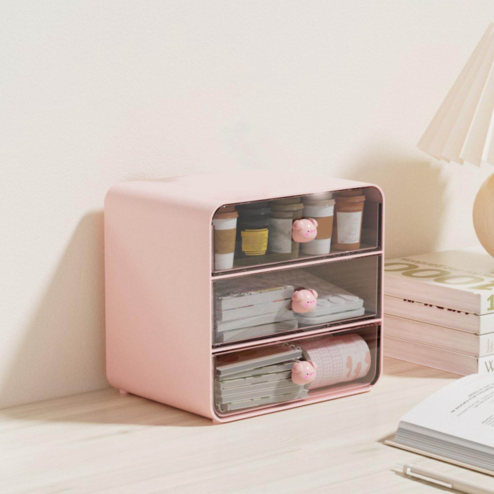 Sonew Organizer da Scrivania con 3 Cassetti, Organizer per Cosmetici in Plastica, Contenitore da Scrivania per Ufficio, Dormitorio, Scuola, Casa (Grande porcellino rosa)