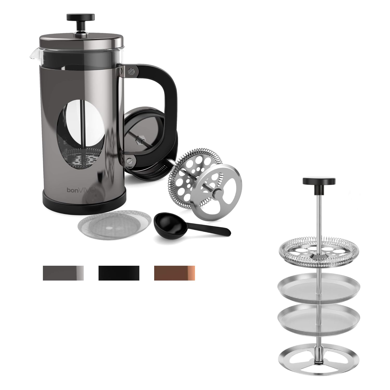 bonVIVO French Press 8 Tazze Argento con Set Filtri di Ricambio Inox - Caffettiera a Stantuffo per Caffè, Tè, Infusi e Cold Brew