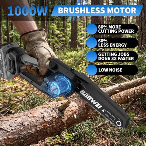 Image of NANWEI 8 Inch Cordless Chainsaw for Tree Trimming & Wood Cutting, Lightweight Handheld Mini Chain Saw with 2 x 4.0Ah Batteries, Brushless Motor for Long Runtime & Low Noise