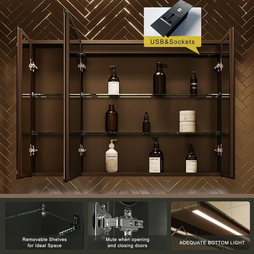 Interior view of the medicine cabinet showing glass shelves, integrated USB and power sockets, mute hinges, and adequate bottom light.