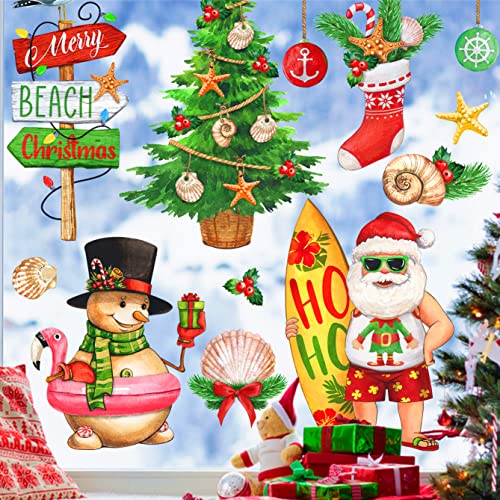 Yovkky Merry Christmas Beach Window Clings 9 Sheets, Xmas Tree Santa Claus Sea Coastal Stickers Decal Decor, 2023 New Year Snowman Surfboard Holiday Gift Home Kitchen Decorations #TOP18