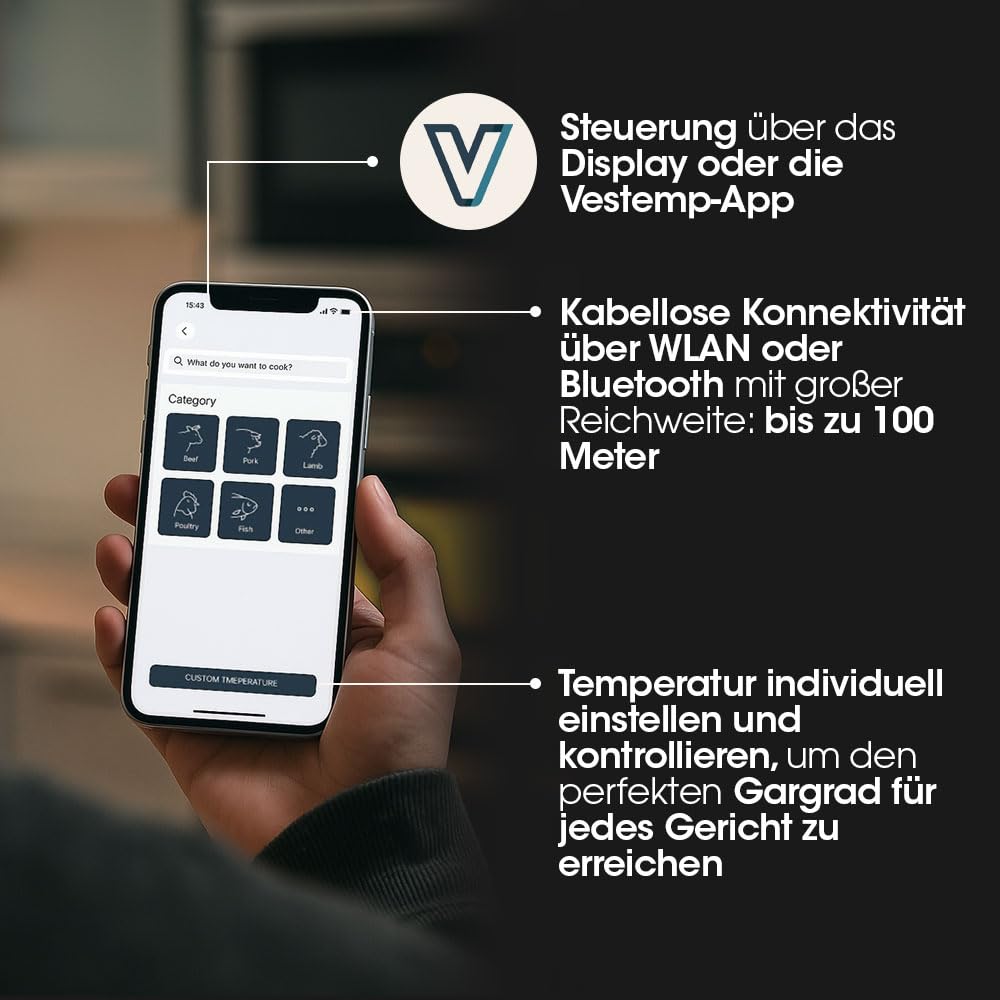 Vesta Precision Vestemp BP20 Kabelloses BBQ-Fleischthermometer | Intelligente Kochsonde mit Bluetooth und WLAN, LED-Anzeige, spülmaschinenfest, 72 Stunden Akkulaufzeit, Dreifachsensor