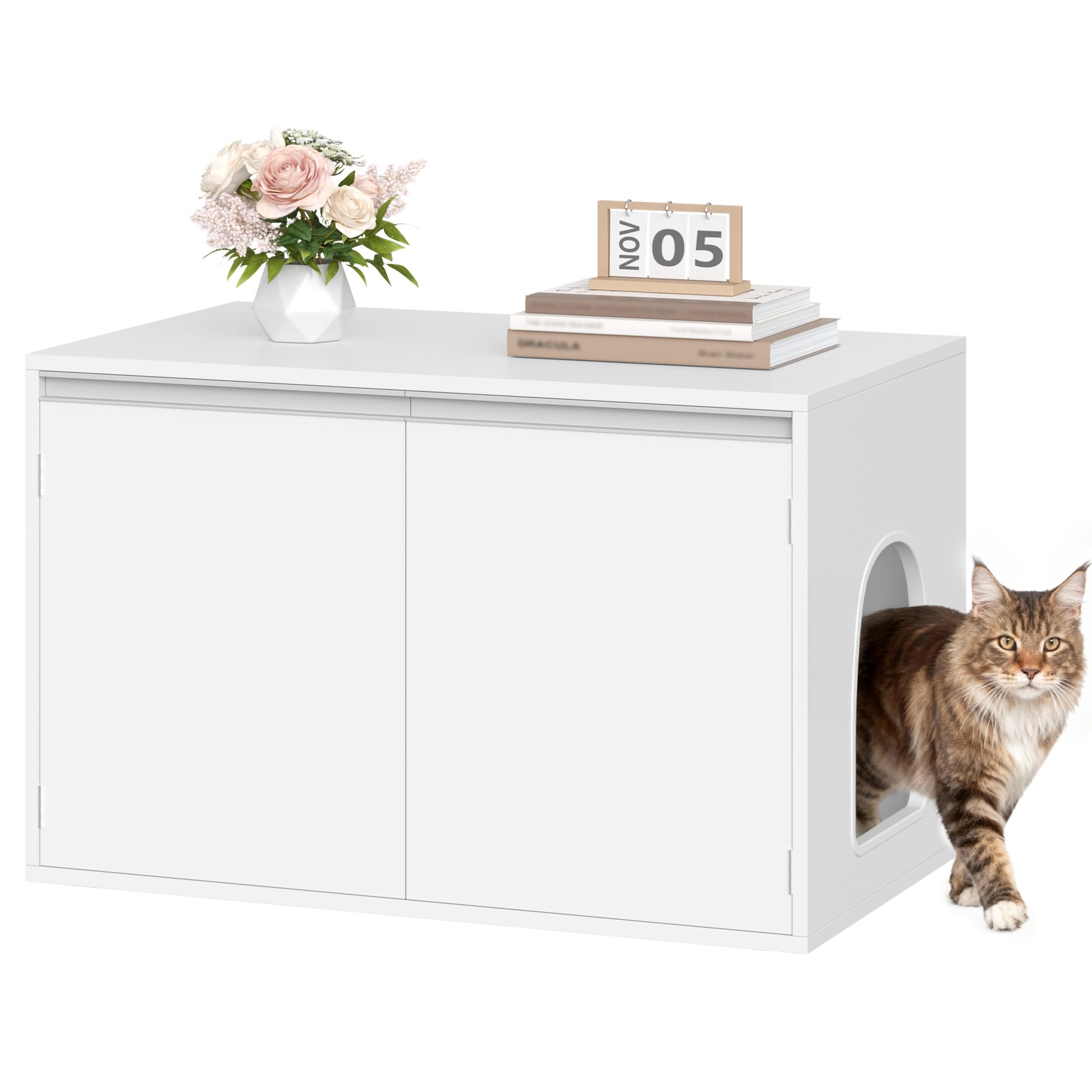 Hzuaneri Cat Litter Box Enclosure with Removable Divider, Hidden Litter Box Furniture with Reversible Entrance Left or Right Side, Wooden Cat House, Modern, 80 x 48.3 x 48.5 cm, White CB01403X