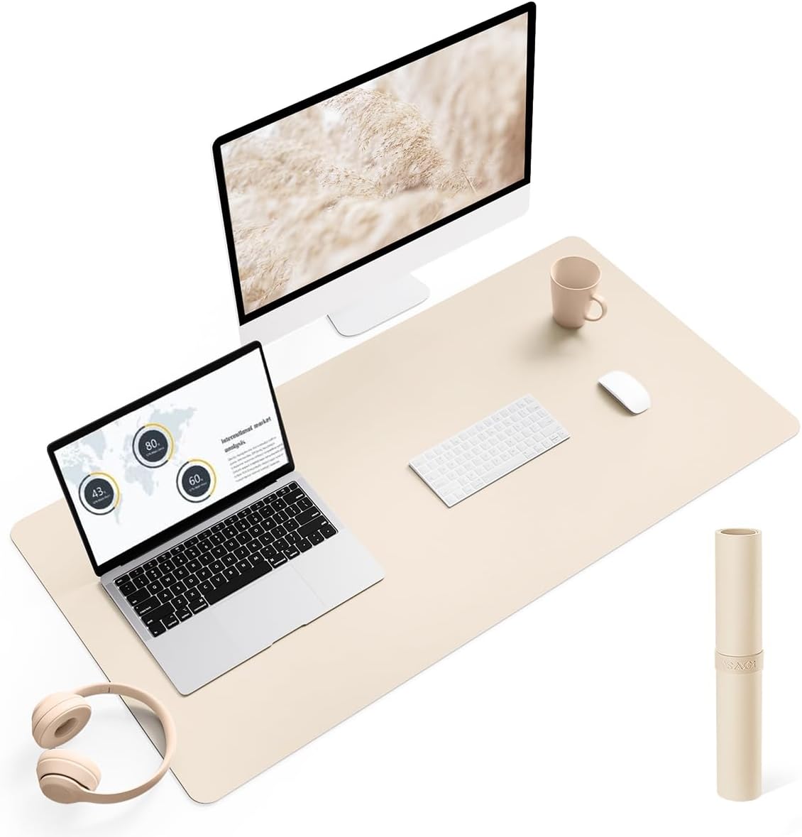 YSAGi Schreibtischunterlage, Mauspad mit Leder und Rutchfeste Wildleder, Multifunktionales Office Mousepad Laptop Schreibunterlage, Tischschutz Unterlage für Büro/Home-Office (Beige, 90x43cm)