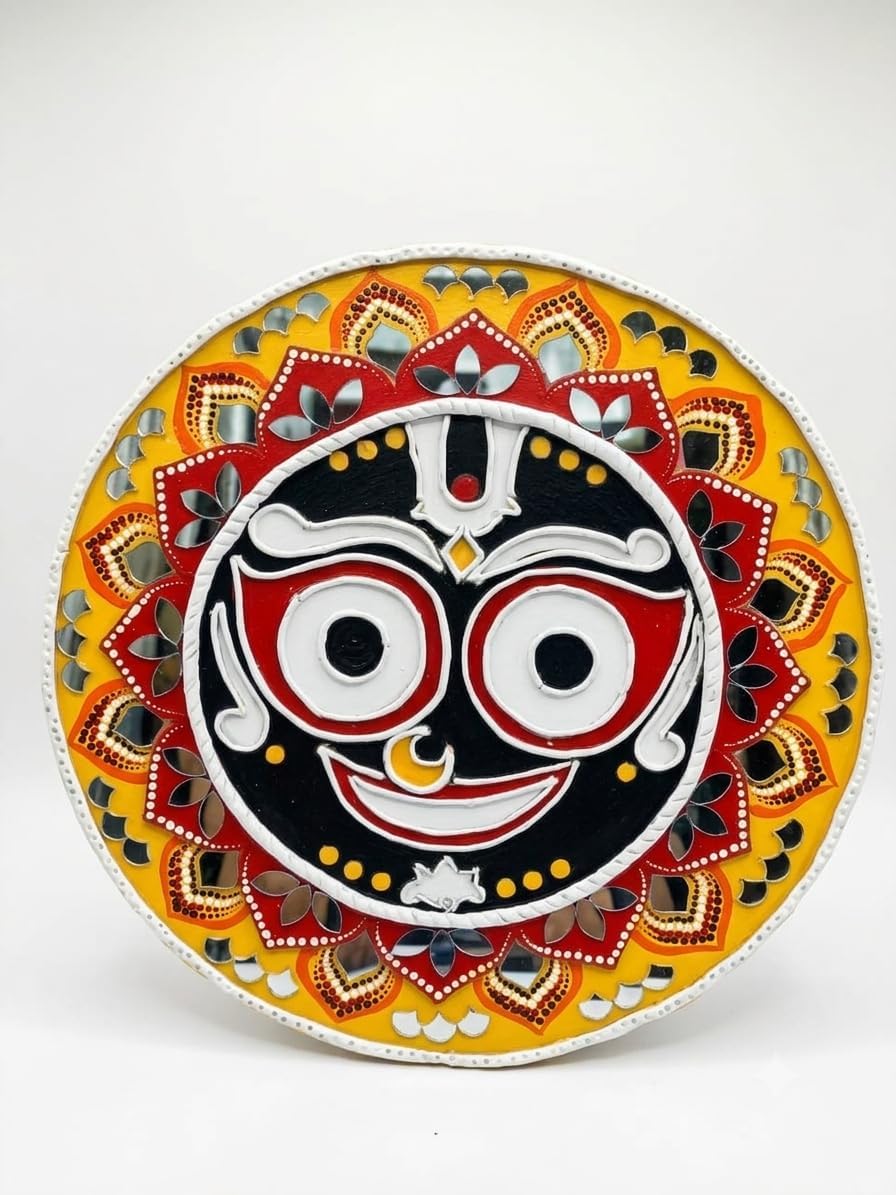 Artspire crafts 12 Inch Lord Jagannath Ji Wall Decor | Handmade Round Wooden Wall Hanging with Mirror Work | Decorative Mandala Wall Art for Home Temple Living Room Entrance Office | Religious Gift-image-38