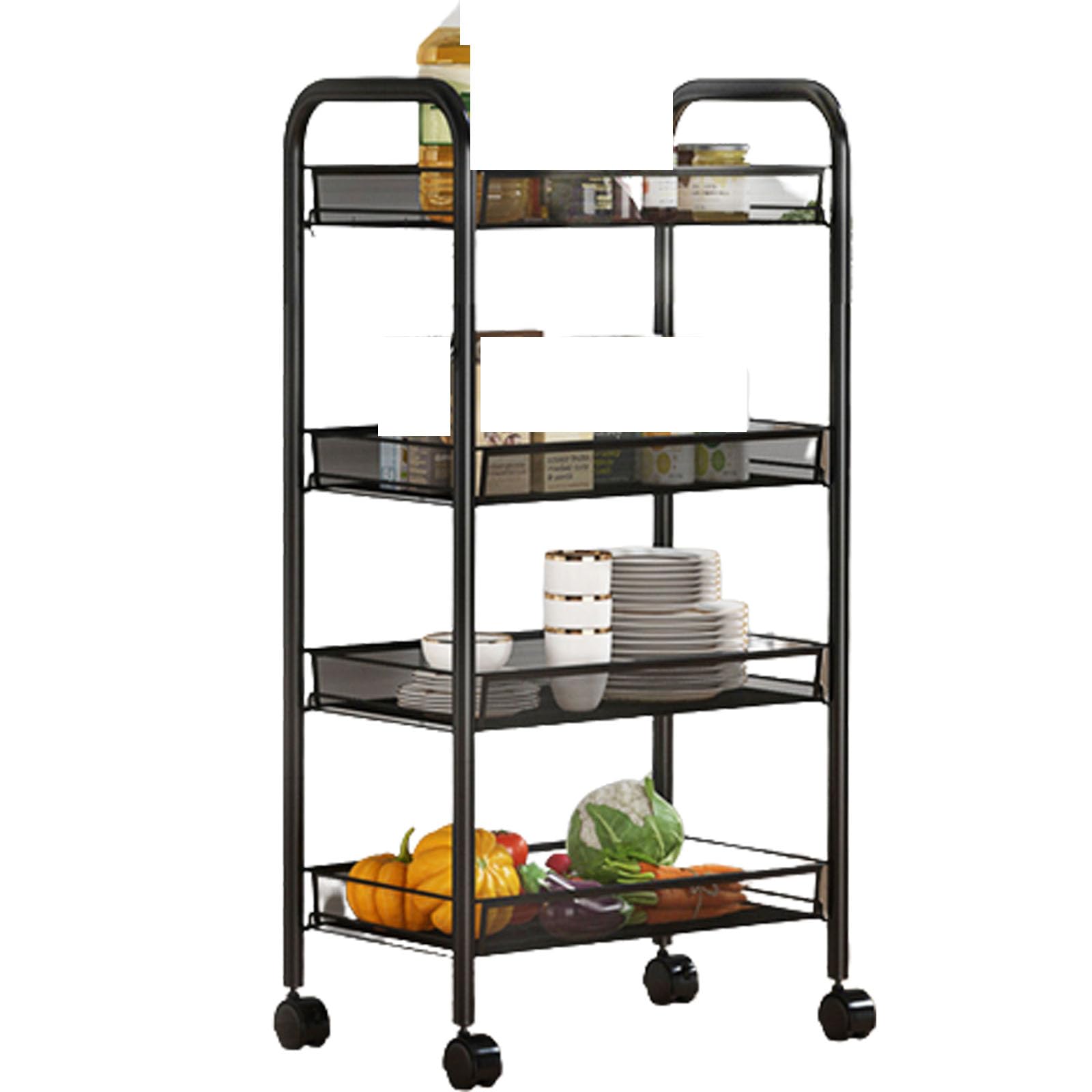 Eiwitany Mobile Racks, Net Baskets, Multi-layer Floor Trolleys Can Store Snacks, Cosmetics, Fruits and Vegetables, Books, Kitchen Utensils, Etc. (black four layers)