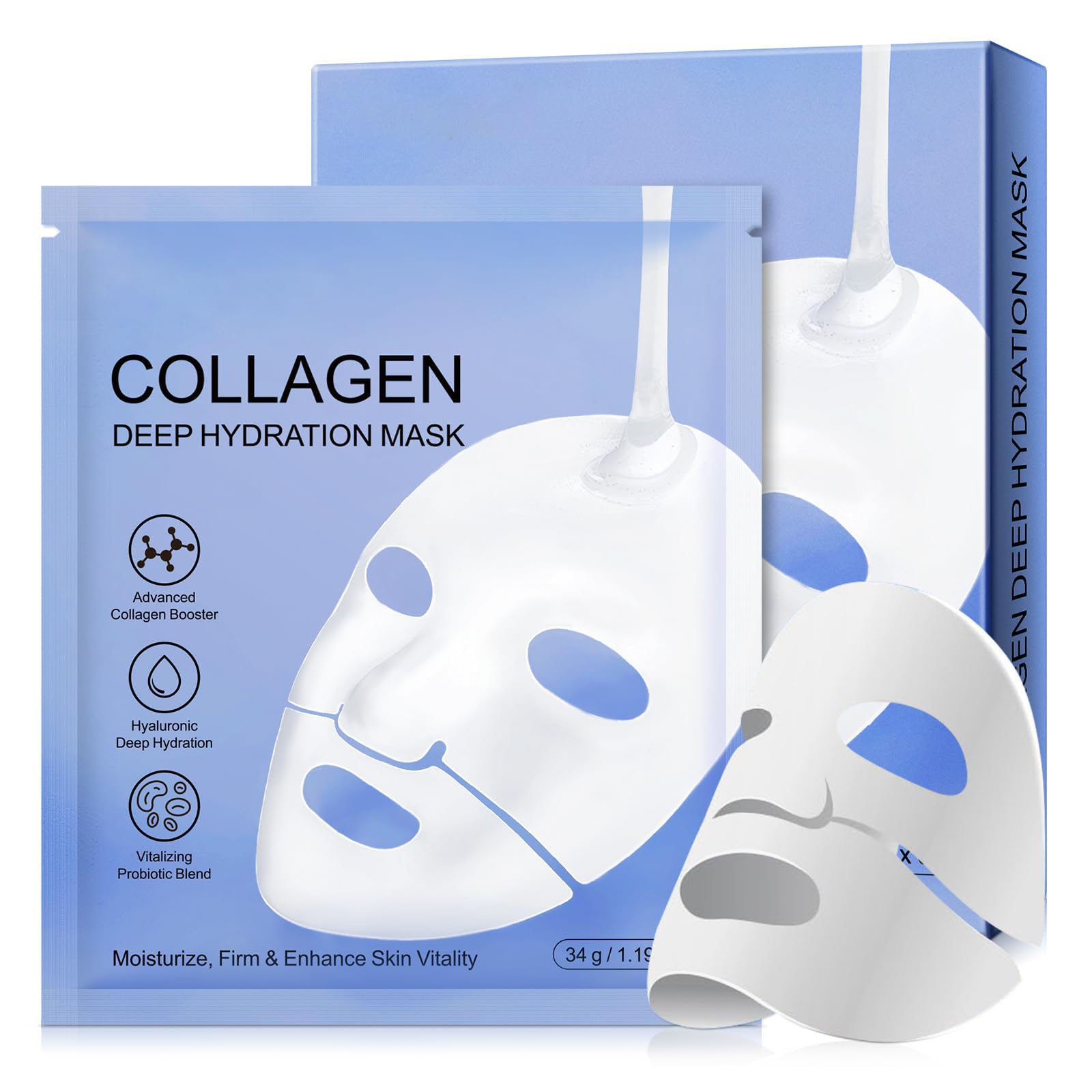 Maschera Collagene Viso, 6 Pezzi Maschera Viso Collagene, Maschera al Collagene a Basso Peso Molecolare, Idratante, Rassodante, Antirughe, Maschera Lifting